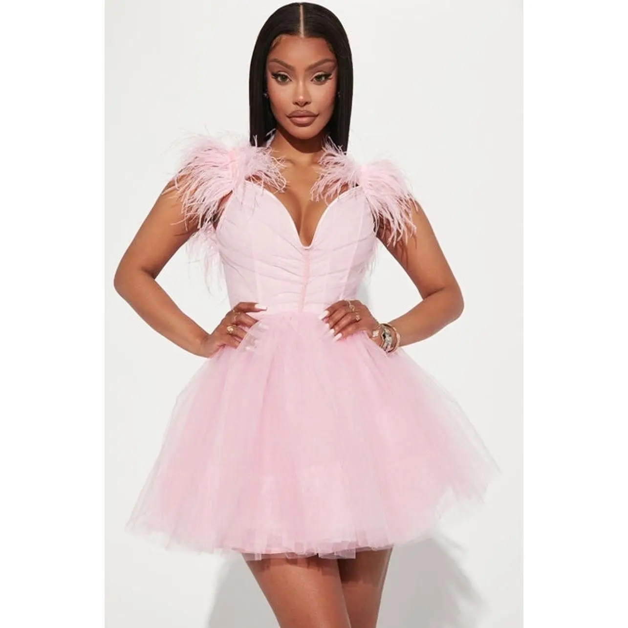 Women's Feather Trim Tulle Mini Dress - Sleeveless V-Neck Fit-and-Flare with Corset Waist, Spaghetti Straps, V-Wire, Polyester, Imported
