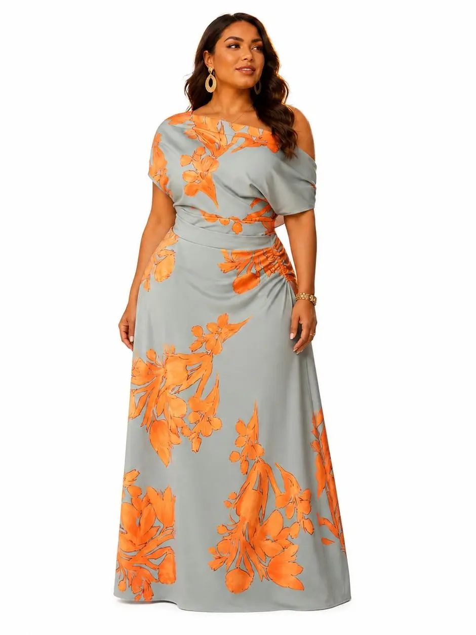 Plus Size Floral Maxi Dress for Women Off Shoulder High Waist A-Line Long Dress, Summer Vacation Beach Dress, Wedding Guest Party Dress, Elegant Curvy Fit Boho Tropical Resort Wear Fitted Chic Womenswear Garden Formal Dresses For Wedding Guest Bohemian Sh