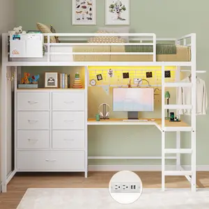 Sikaic Twin Loft Bed with L-Shaped Desk, 7 Storage Drawers, LED Lights & Charging Station, Metal Loft Bed with Safety Guardrail & Ladder, No Box Spring Needed, White