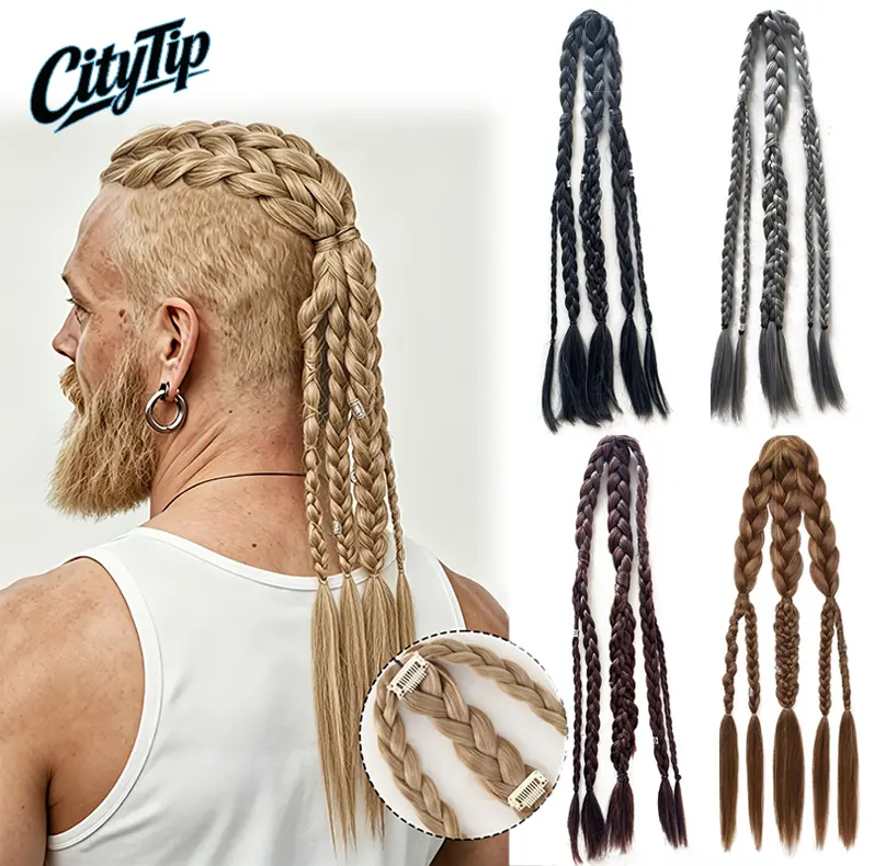 24" Viking Braided Ponytail Hair Extension for Men, Clip-In Dreadlock Hairpiece, Ash Brown with Blonde Mixed Synthetic Hair, Boho Y2K Festival Hair Accessory for Halloween, Cosplay, Renaissance Warrior Costume, Parties & Events