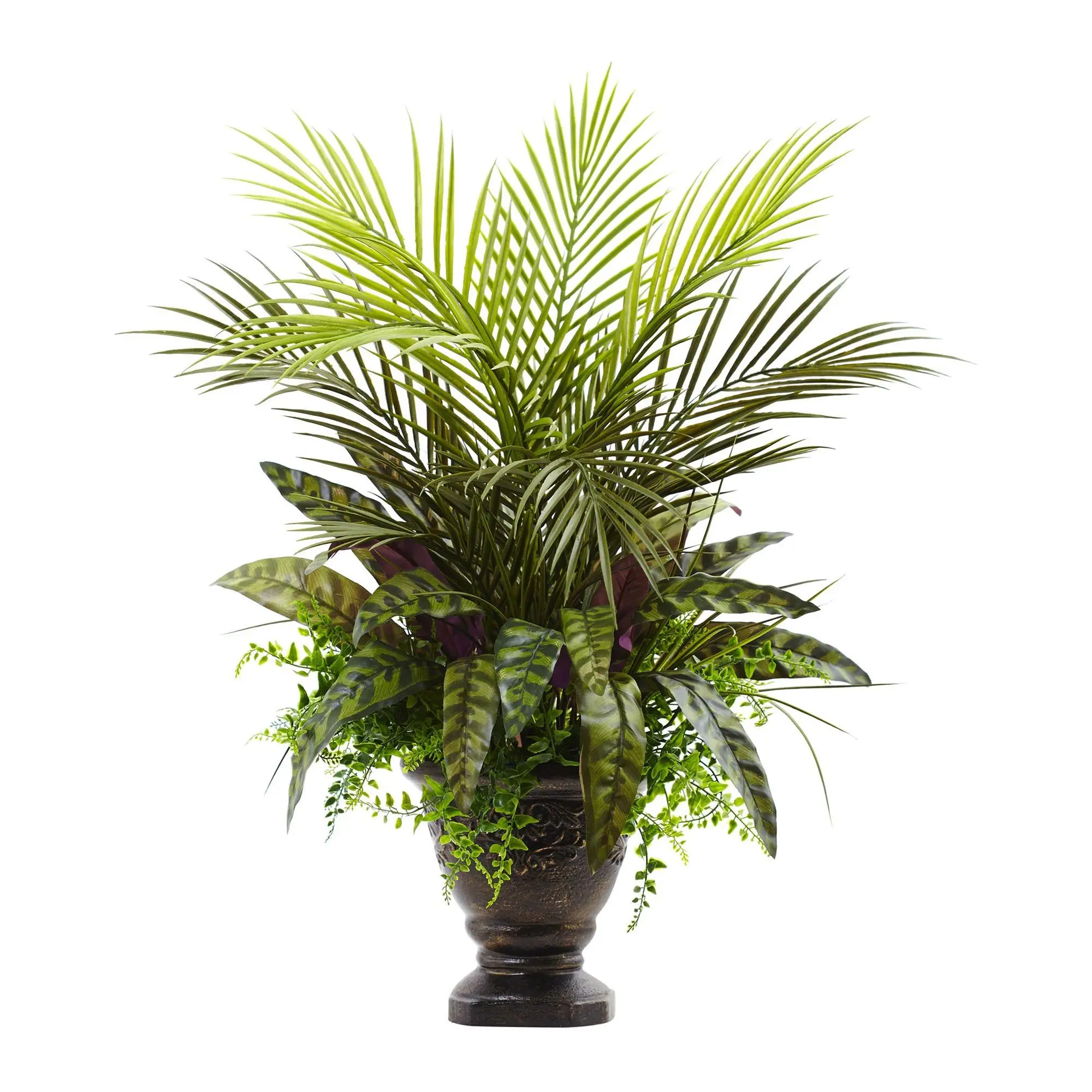 27" Mixed Areca Palm & Peacock w/Planter by Nearly Natural