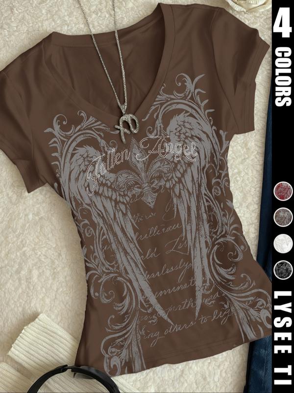 26 Valentine's Day wing print retro y2k trendy fashion women's V-neck short sleeved T-shirt