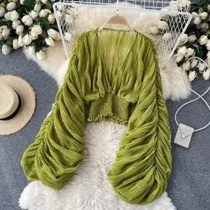 Women’s Sexy Sheer Chiffon Short Blouse, Ultra-Long Sleeves, Folded Hem, Purple/Green/Black/White, Party Top, 2022 New