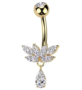 Gold PVD Laurel Clear CZ Teardrop Dangle Titanium Belly Button Ring