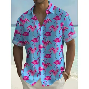 Flamingo Print Hawaiian Shirt, Men's Casual Allover Print Button Up Short Sleeve Shirt For Summer Beach Vacation Resort Top Collar