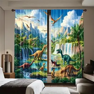 Jurassic Dinosaur Pattern Polyester Curtains, Window Curtain, Multifunctional Outdoor Decor for Bedroom, Modern Style Home Decoration, Interior Decoration Accessories (no Rod or Battery)