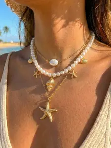3-Piece Luxury Boho Style Jewelry Beach Vacation Set, Layered Necklace Design, Romantic Free Spirit, Shell Seashell Multi-Layer Necklace Kit