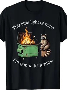 Women's Raccoon Trash Fire Meme Graphic T-Shirt, Casual Streetwear Top in 100% Cotton, Short Sleeve Vintage Round Neck, Regular Fit, Shortsleeve