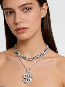 2Pcs Hip Hop Dollar USD Money Cuban Pendant Necklace & Rope Chain Set for Men #HipHopJewelry#DollarPendant#MoneyChain#CubanPendant#RopeChain#MensNecklace#StreetStyle#HipHopChain#NecklaceSet#TrendyJewelry