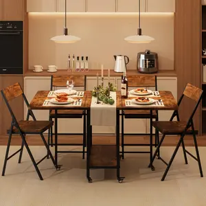 Dining Table Set for 4 ,Folding Dining Table with 4 Foldable Chairs, Drop Leaf Table and Chairs with Swivel Wheels, for Small Space,Apartment,Kitchen,Dining Room