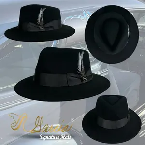 Garcia Signature Tin-Tan C Crown Fedora Hat 100% Wool Classic Black with Feathers