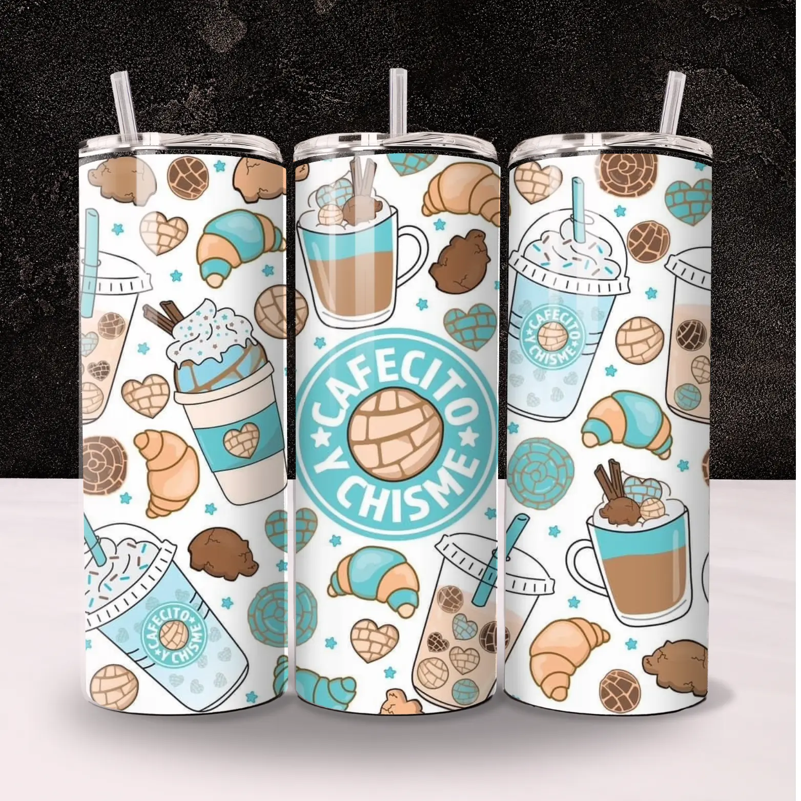 20oz Skinny Vacuum Tumbler - Cafecito y Chisme, Teal Coffee Conchas Themed, Handmade Drinkware with Lid, Tumblers