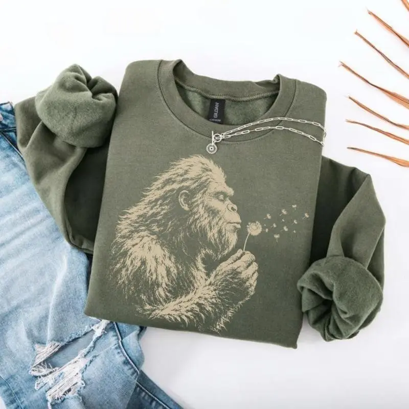 Bigfoot Dandelion Sweatshirt, Vintage Sasquatch Nature Crewneck, Woodland Cryptid Graphic Pullover, Outdoor Adventure Sweater, Bigfoot Lover Gift, Hiking Apparel