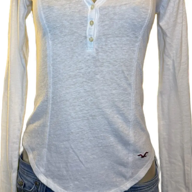 Hollister Women's White Long-Sleeve Henley Top, Lace Back, Y2K Style - Size XS