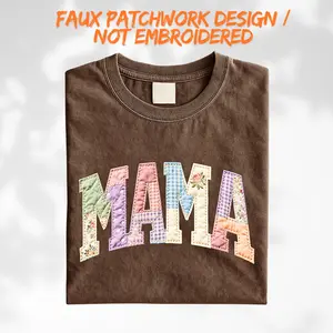 Faux Patchwork Design Floral Mama Shirt, Fake Embroidered Mom T-Shirt, Varsity Mom Tee, Patchwork Mama Top