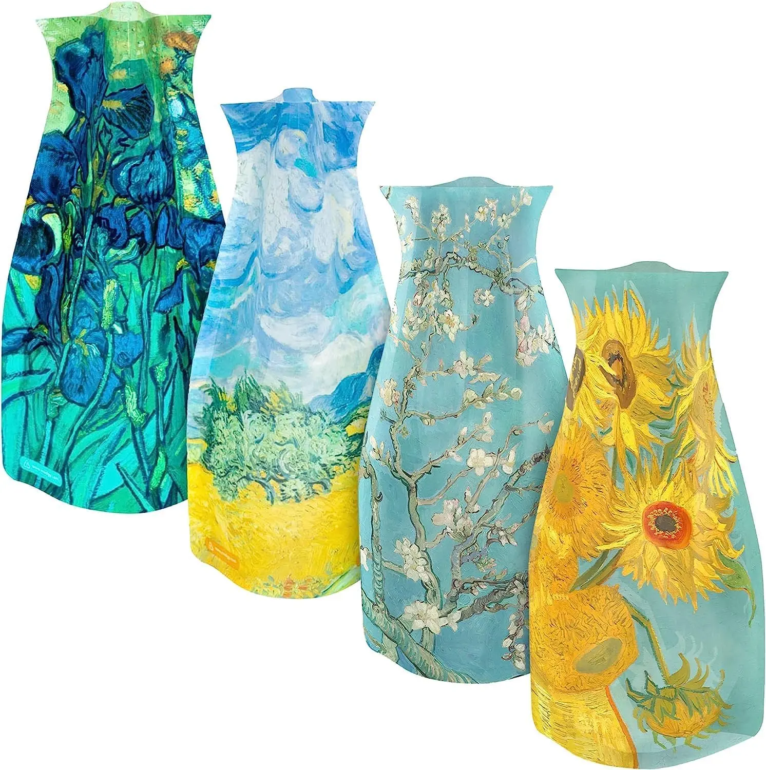 4-Pack Expandable Synthetic Plastic Vase Set - Modern Foldable Vincent Van Gogh Art Printed Decorative Vases for Flower Display, Indoor Dining Table Home Decor, Easy Storage, Indoors