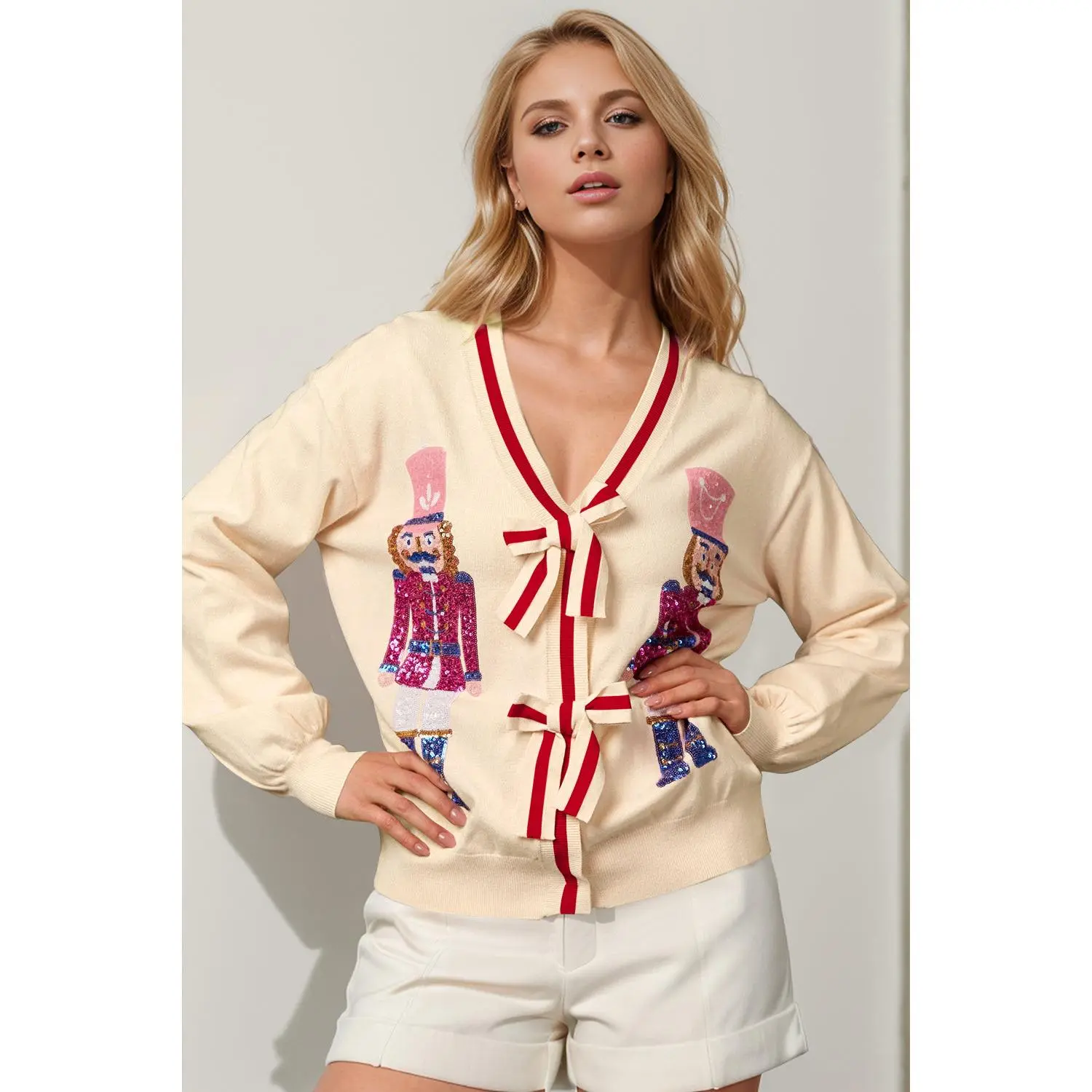 Nutcracker Sequin Bow Decor Cardigan