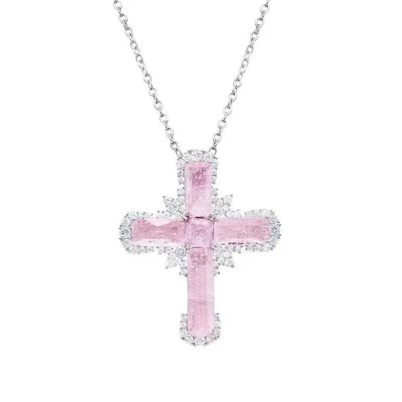Unisex Pink Metal-Coated Cross Pendant Necklace, Long Chain Link Design, Elegant Durable Religious Jewelry, Casual Everyday Wear, Christmas Gift Idea, Religious Necklace, Cross Necklace