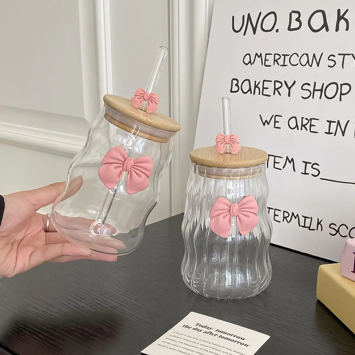 Elegant Butterfly Knot Glass Cup with Lid and Straw, Stylish Glass Cups, Ideal for Home Decor, Breakfast Milk and Afternoon Tea, Perfect Gift for Women, Tumbler, Stylish Drinkware