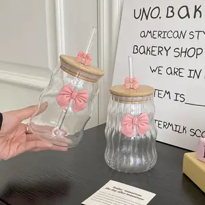 Elegant Butterfly Knot Glass Cup with Lid and Straw, Stylish Glass Cups, Ideal for Home Decor, Breakfast Milk and Afternoon Tea, Perfect Gift for Women, Tumbler, Stylish Drinkware