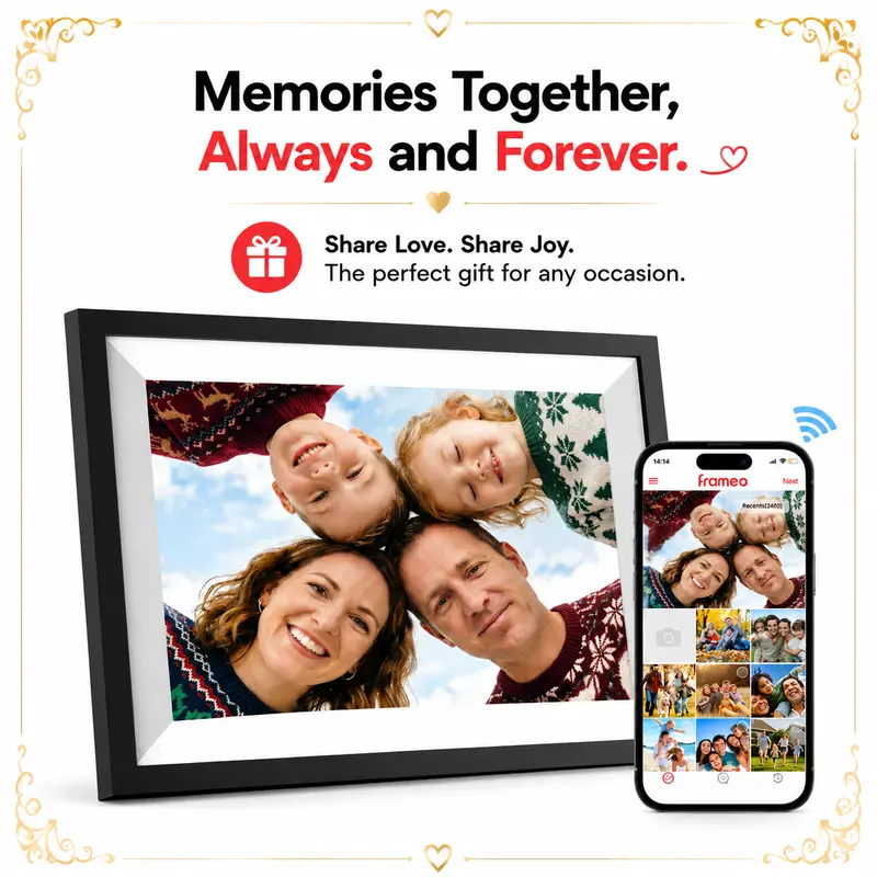 Frameo 10.1-inch Electronic Digital Frame - 1280x800 IPS LCD HD Touchscreen, 16GB Storage (Stores 4,000 Photos), Auto-Rotate, SD Card Support, Instant Sharing, Modern Home Decor, 24/7 US Support, Gift for Parents (Christmas, Father's Day)
