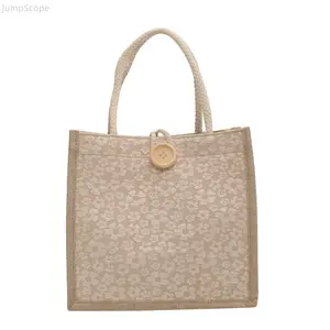 Japanese Floral Linen Tote Bag, Mini Canvas Handbag Purse, Casual Work Lunch Bag for Women Daily Use