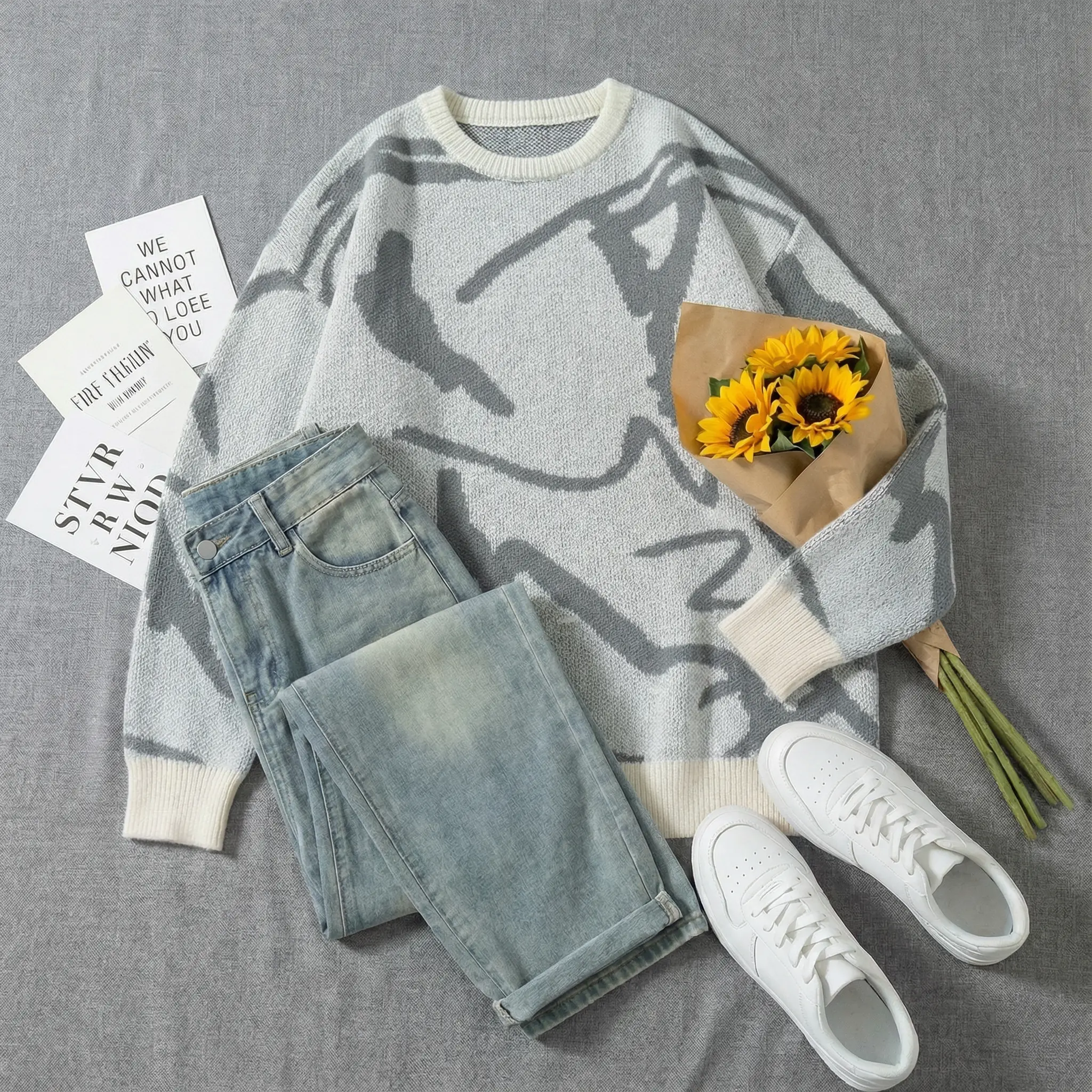 Fashion Pullover Sweater Unisex Autumn Winter Loose Outerwear Base Shirt Lazy Style Crew Neck Polyester Warm Knitwear