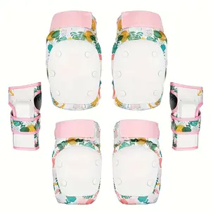 Complete Skateboard & Roller Skating Protective Gear Set - Floral Patterned PP Material, Includes Knee Pads, Elbow Guards, and Wrist Guards in Black with Pink Accents, Safety Gear Kit|Stylish Elbow Guards|Durable Pp Material