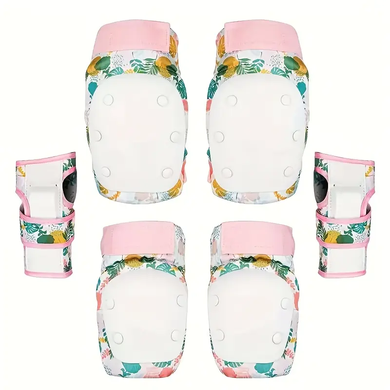 Multi-Pieces Skateboard & Roller Skating Protective Gear Set - Floral Polypropylene Material, Black with Pink Accents (Wrist Guards, Black (Hand Guards*2+Knee Pads*2+Elbow Pads*2))