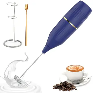Handheld Milk Frother 14,000 RPM Drink Mixer Wand with Stand & Stirring Spoon Quiet One-Button Operation, Non-Slip Handle, Detachable Whisk  for Coffee, Lattes, Cappuccinos, Matcha (Blue)