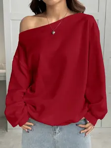 Women's Plain V-Neck Sweater, Autumn-Winter Shoulder-Baring Long Sleeve Top, Street Style Casual Everyday Loose Fit Spring Clothing