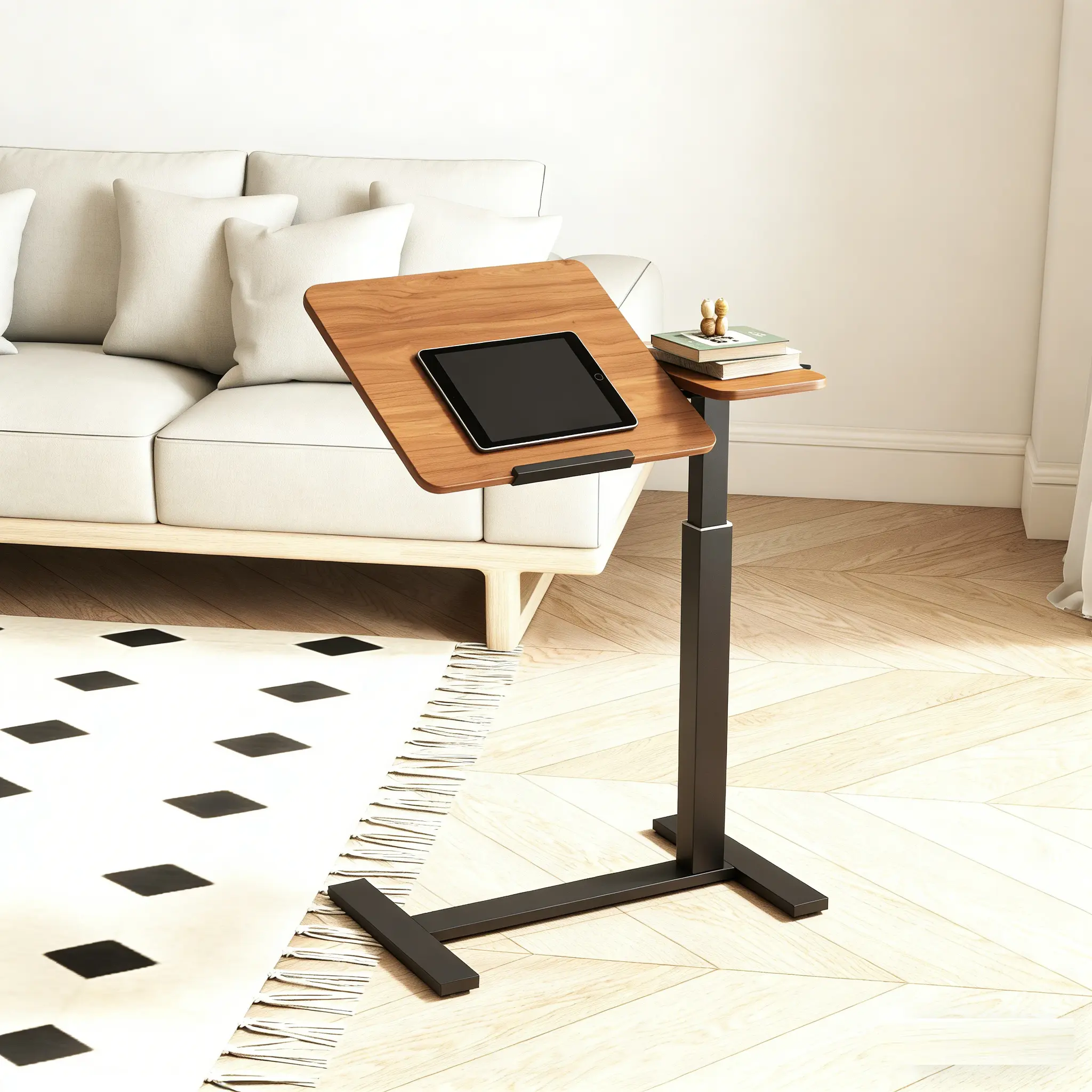 Modern Mobile Height-Adjustable Standing Laptop Desk - Foldable, Durable, Compact, Flip Desktop, 4-Wheel Rolling, Metal H-Shaped Base Office Table for Residential Use, Space-Saving Home Office Areas
