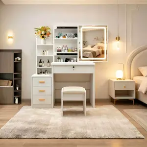 Women's White Liki Mio LED Makeup Vanity Desk with Mirror, Power Outlet, 3-Layer Jewelry Box, 4 Drawers, Open Shelves, 3 Color Modes, Adjustable Brightness, Transparent Top for Bedroom