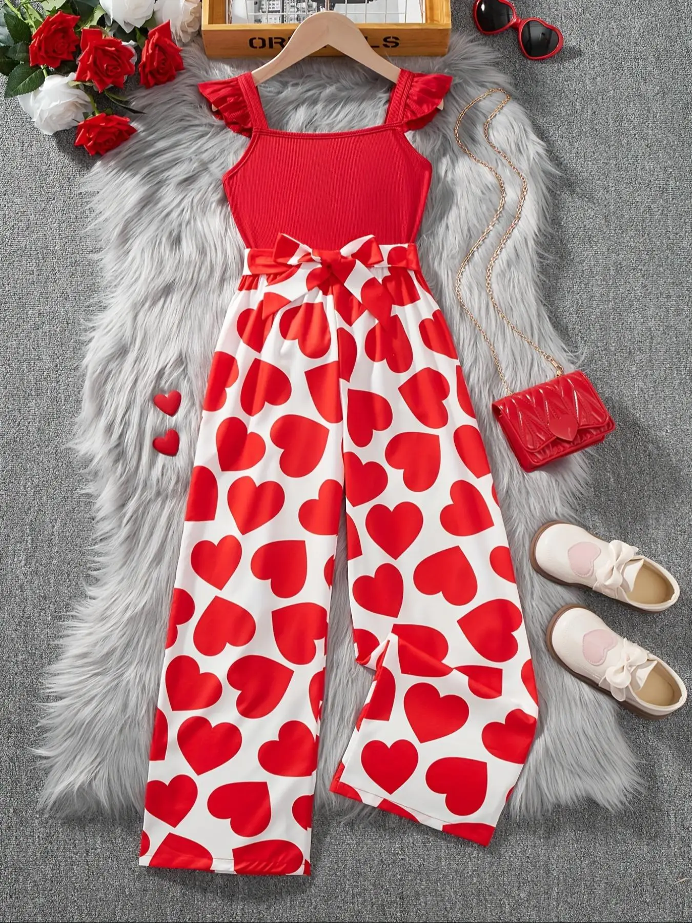 Girl's Plain Crop Tank Top & Heart Print Belted Wide Leg Pants Two-piece Set, Elegant Fashion Casual Two Piece for Daily Outdoor Wear, Kids Clothes fo