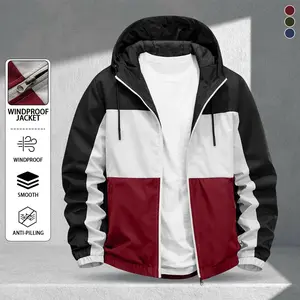 Men's stylish colorblock hooded jacket with patchwork design, windproof, smooth and skin-friendly surface, anti-pilling, suitable for sports, camping, photo shoots, campus life, daily commuting, and ideal for spring and summer seasons Street Style Casual