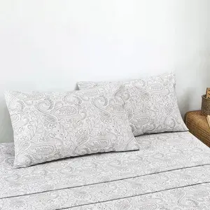 Queen Size 100% Cotton Percale Sheet Set – Ultra Soft Cooling Breathable Bed Sheets, Deep Pocket Fitted (14”), Luxury 4 Piece Bedding Set, Paisley Grey Pattern Sheets