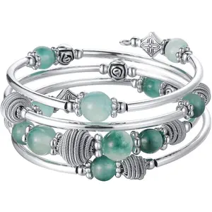 Beaded Chakra Bangle Turquoise Bracelet - Fashion  Wrap Bracelet with Thick  Metal and Mala Beads, Birthday Gifts For Women