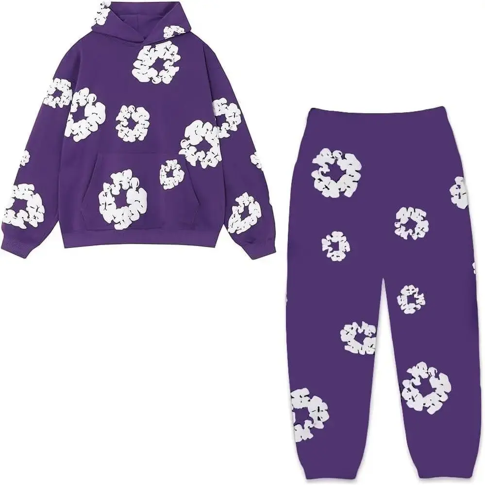 Minimalist Purple Floral Hoodie & Sweatpants Set, Unisex Streetwear Tracksuit, Matching Outfit for Men & Women