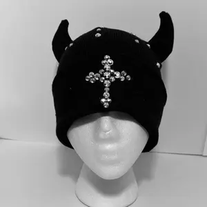 Rhinestone Gems Beanie - Black Hat with Rhinestone Accents, Black Color, Unique Design