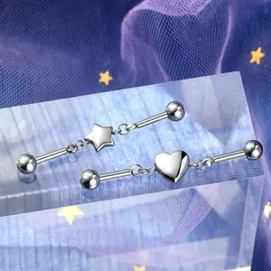 OUFER BODY JEWELRY 14G 316L Stainless Steel Bubble Heart-Star Chain Industrial Barbell - Unisex Body Piercing Jewelry with Charm Motifs for Daily Wear, Industrial Piercing Jewelry