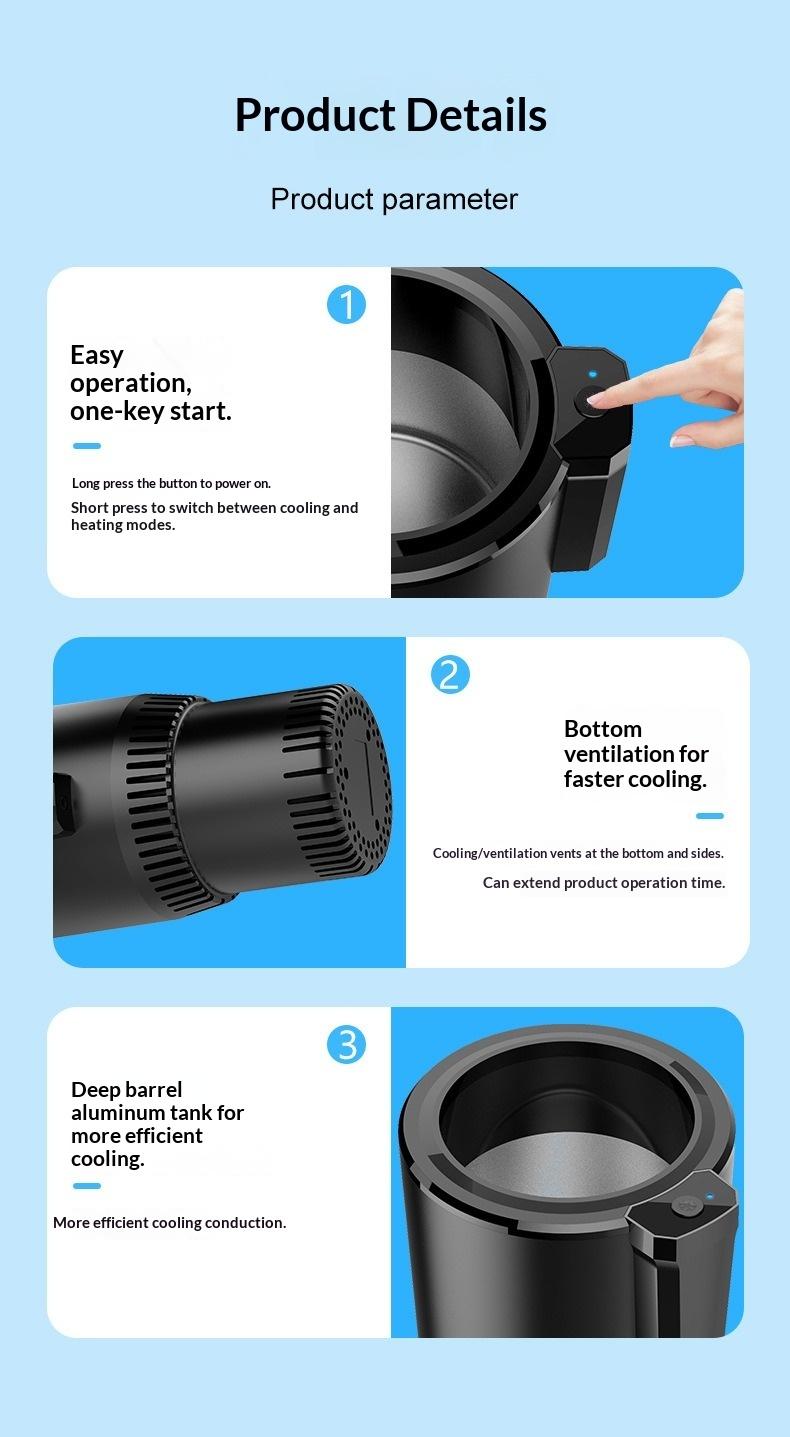 Recent smart temperature-controlled cup with TEC cooling and heating technology. Cools in 15 mins to 2-7°C, heats in 8 mins to 58-70°C. Portable, quiet, compatible with various containers. Ideal for car, office, home, and outdoor use.