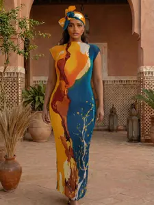 Women's Elegant All-Over Printed Long Dress Set, Slim Fit Moo Moo Robe & Scarf, Beach Sun Protection Shawl for All Seasons