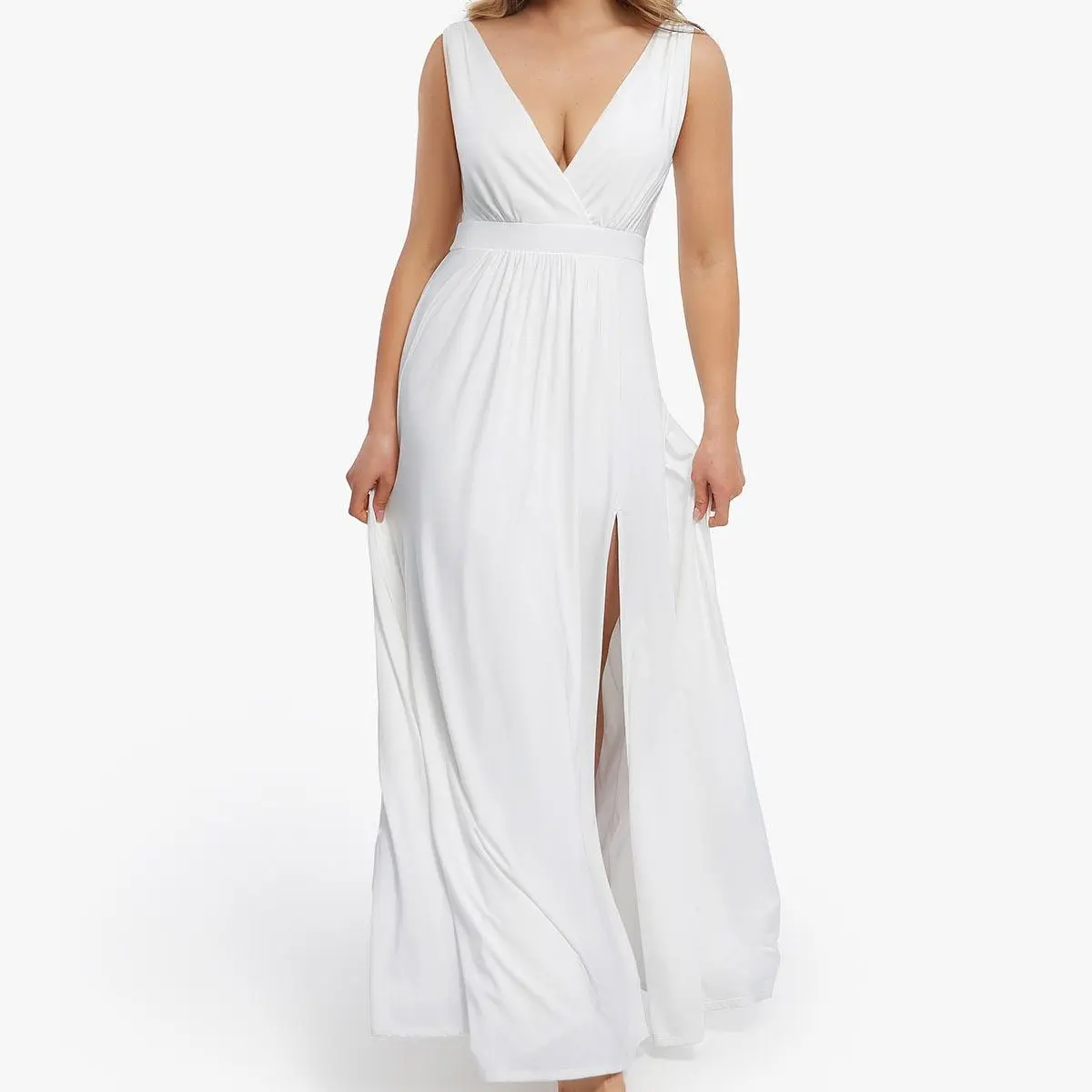 Shapewear Deep V-Neck Front Slit Goddess Maxi Dress, High Waist Slim Fit, Elegant Bodycon Evening Party Long Dress for Women