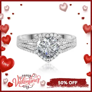 Delzzad S925 2ct Heart Cut VVS Synthetic Moissanite Sparkling Love Ring Daily Costume Jewelry Perfect Accessories Wedding Valentine Anniversary Gift for Women Girls