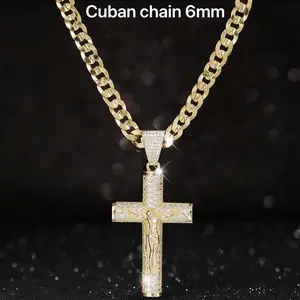 14k Real Gold-Plated Cuban , Figaro, Miami Cross with Jesus Christ Crucifix,24 inches Long and 6mm Wide,Handcrafted Polishing and Multiple Electroplating Daily Wear Necklace