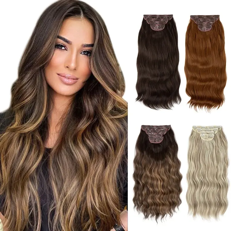 2026 New  4pcs/set Synthetic Long Wavy Clip In Hair Extensions 22" Thick Hairpiece For Women Brown Blonde Black Natural Fake Hair