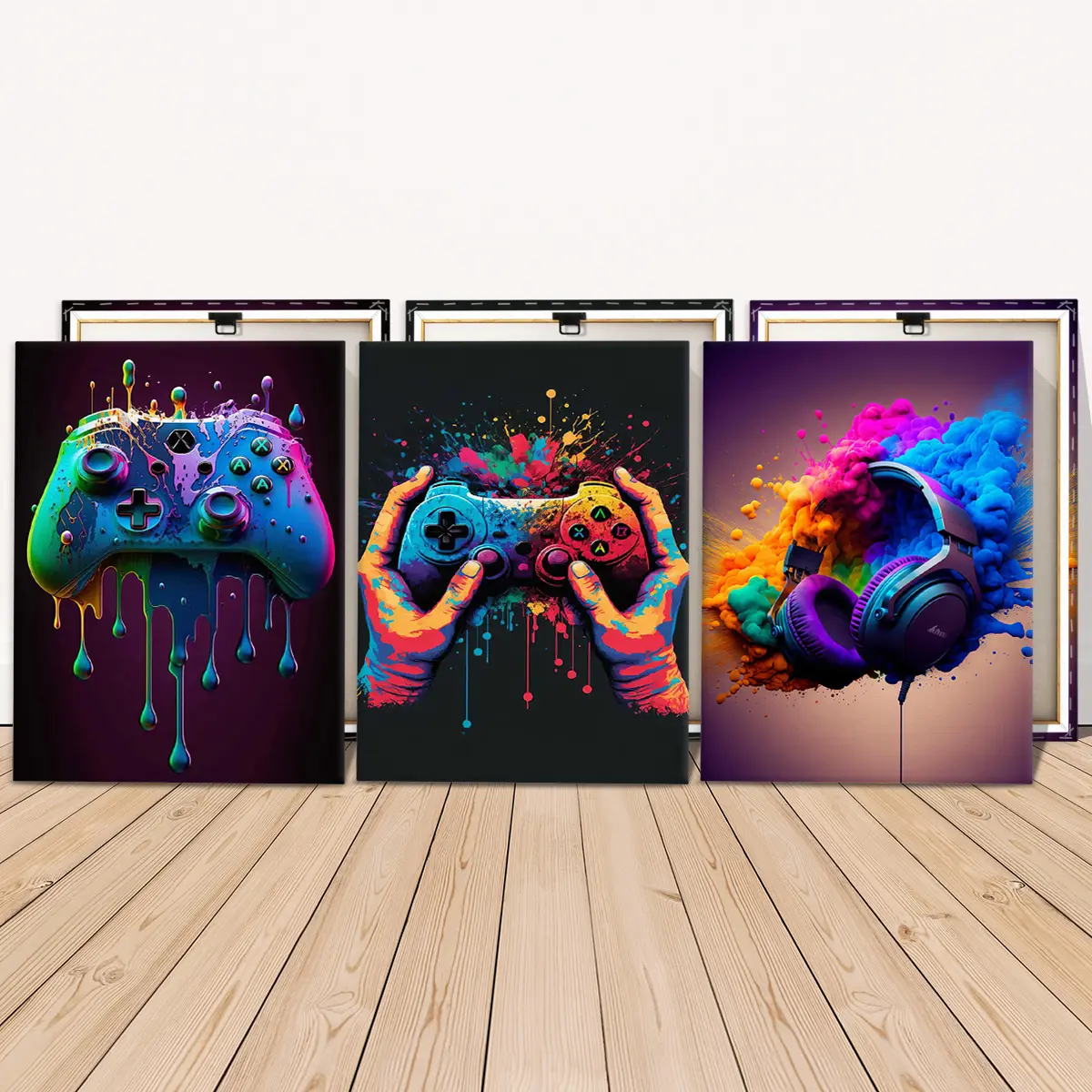 3 Counts Wooden Framed Canvas, Vibrant Gaming Controller And Headphones Images, Exquisite Print Poster, Perfect Living Room Decoration, Modern Art, Fashion Family Poster, Wall Art Decoration, Odorless, Artwork