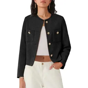 Women's Tweed Blazers Long Sleeve Business Button Down Casual Cropped Blazer Jackets with Pockets