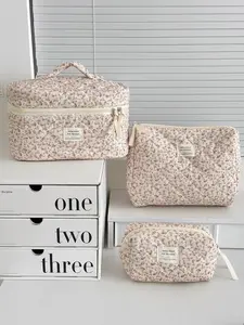 High-End Makeup Bag Storage Handbag, Multi-Functional Large Capacity Corduroy Floral Cosmetic Bag, Travel Portable Casual Style, Makeup Organizer, Handheld Cosmetic Pouch