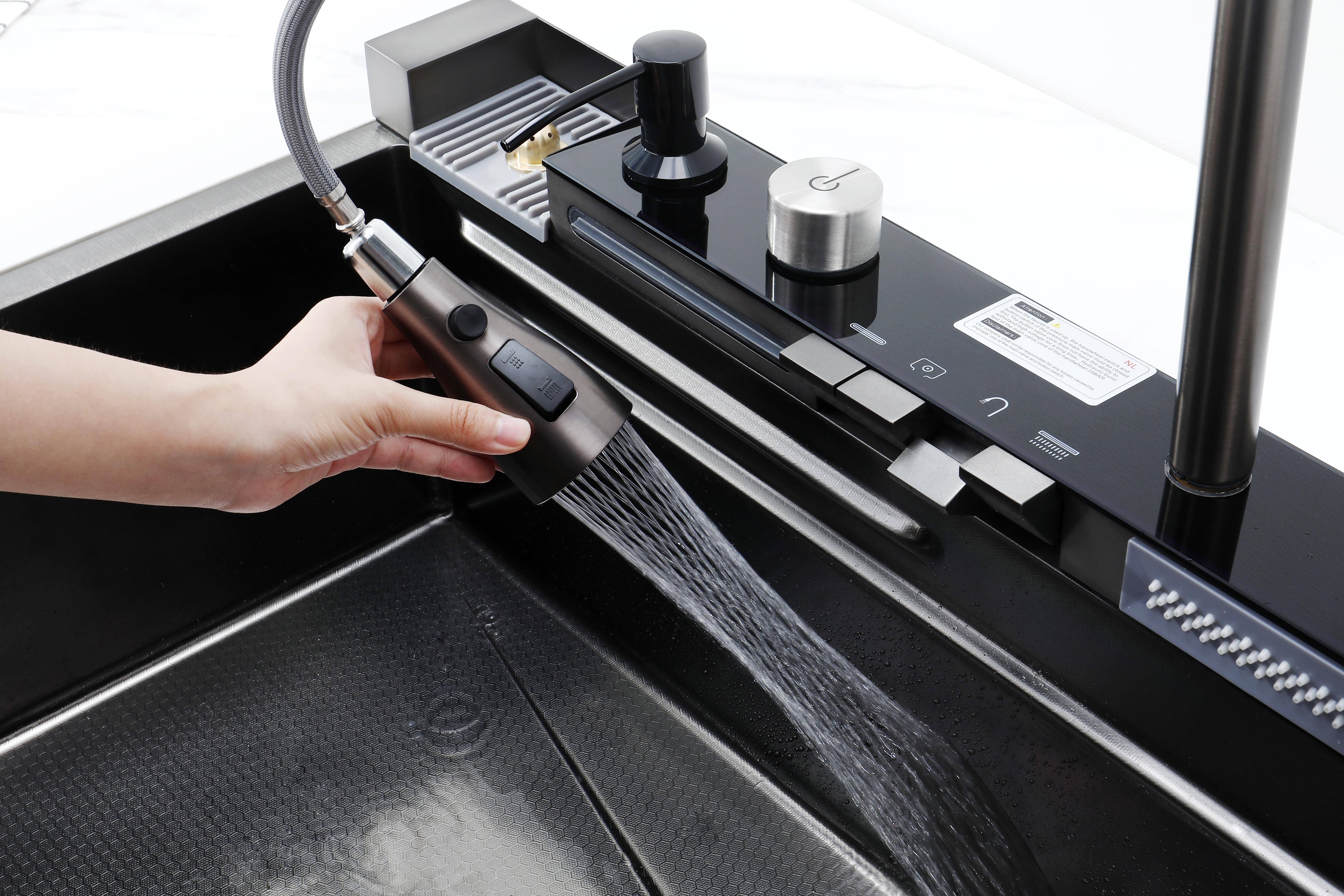 30 Inch Kitchen Sink with Smart Digital Display, Water Powered Piano Key Control, 3 Water Modes Pull Out Faucet, Dual Knob Design, Honeycomb Coating, Compatible with US Standard Garbage Disposal 30 Inch Kitchen Sink with Smart Digital Display, Water Powered Piano Key Control, 3 Water Modes Pull Out Faucet, Dual Knob Design, Honeycomb Coating, Compatible with US Standard Garbage Disposal